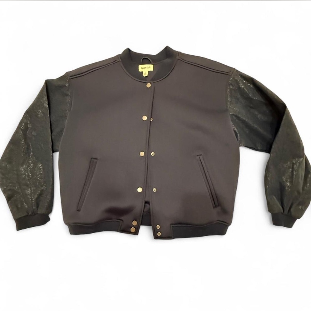Navy Blue Bomber Jacket with leather sleeves
